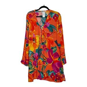 LA BLANCA Tropical Floral Print Long Sleeve Tunic Cover Up Dress XL Orange Pink